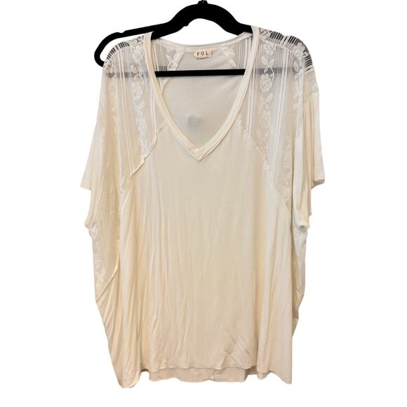 Pol Tops - POL White Lace Sleeve Oversized V-Neck Top